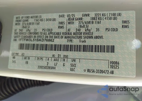 2025 Ford F-150 Xlt from USA, damaged, VIN 1FTFW3L51SKD76862